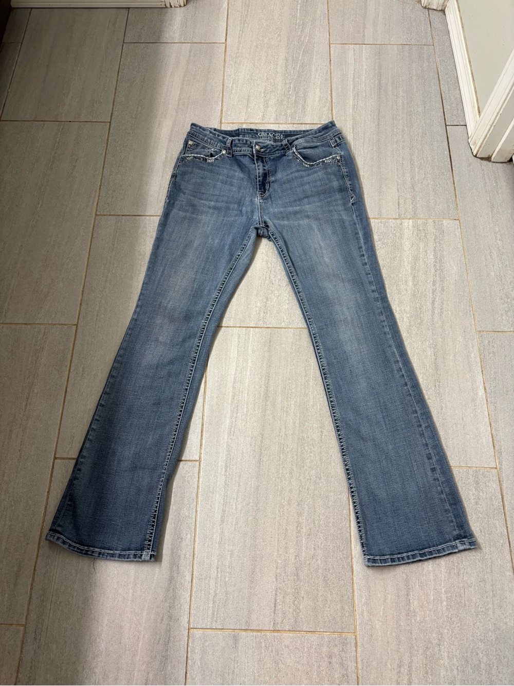Grace in LA Cross Pocket Bootcut Jeans Size 33 Distressed Thrifted Western Boho